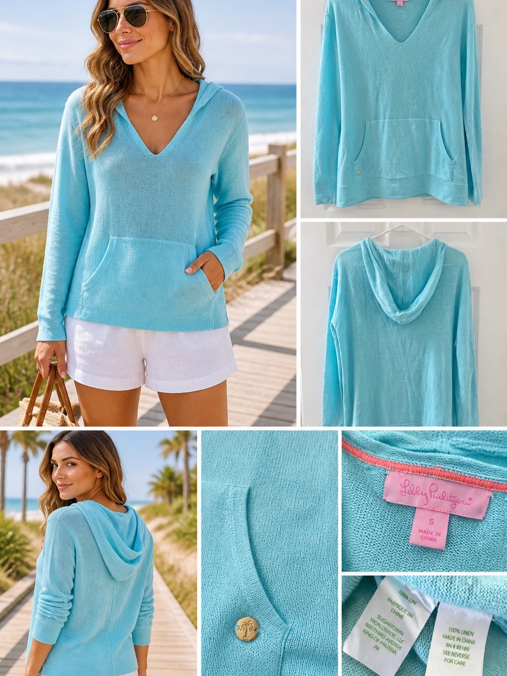 Lilly Pulitzer Medina Linen Hoodie Sweater Aqua Blue Size S